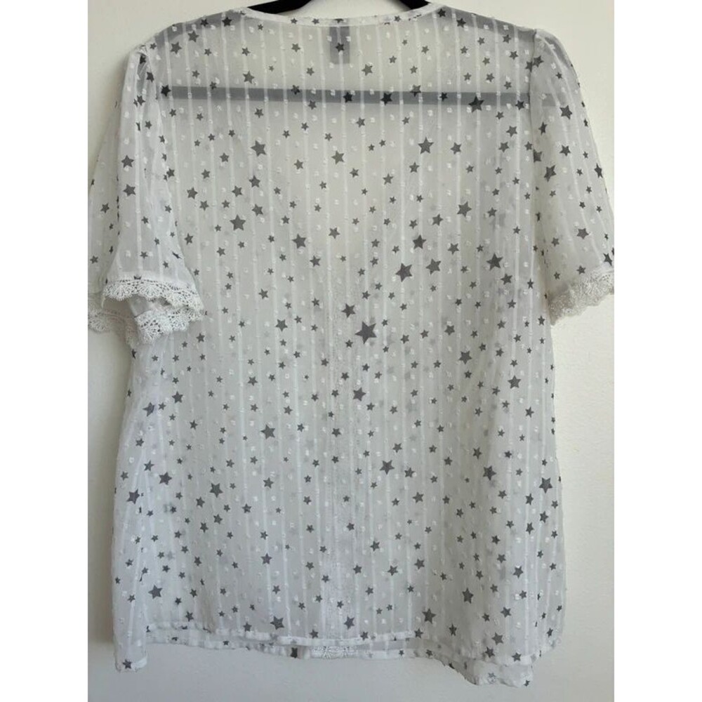 Shein Curve White Sheer Star Print Lace Trim Blouse 0XL Celestial - Picture 5 of 5
